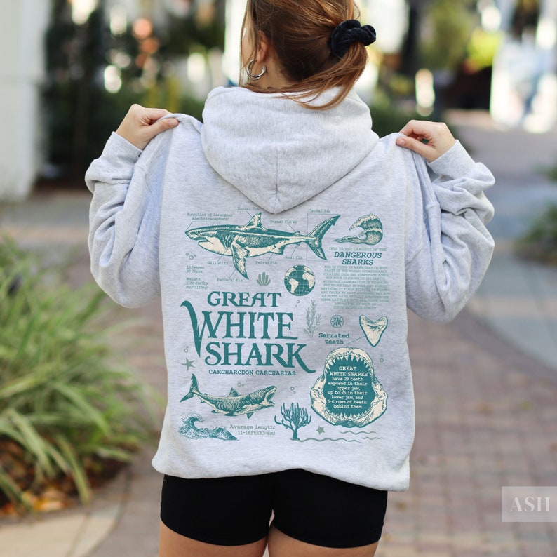 Retro Great White Shark Biology Hoodie | Vintage 90s Y2k Oceancore Aesthetic, Cute Baggy Beach Sweater, Gift For Marine/Wildlife Biologist