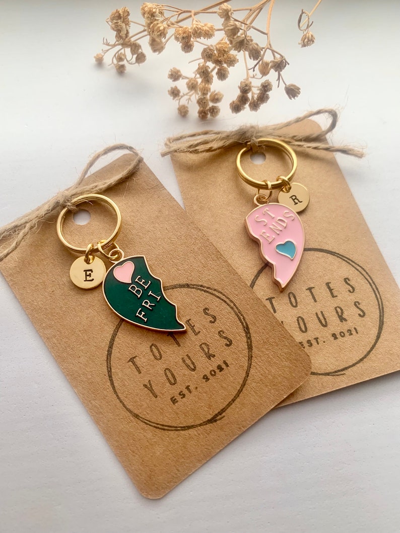 Best Friend Keyrings - Pair of Personalised Split Heart Halves for You and Them with Initial - Matching Friendship Keepsake Charm Keychain