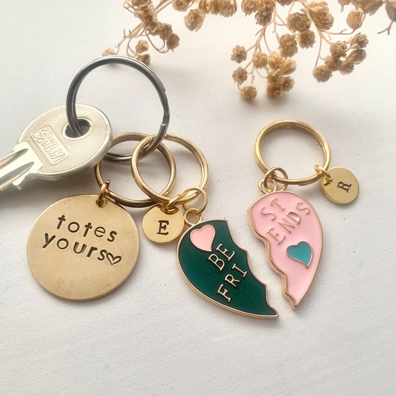 Best Friend Keyrings - Pair of Personalised Split Heart Halves for You and Them with Initial - Matching Friendship Keepsake Charm Keychain