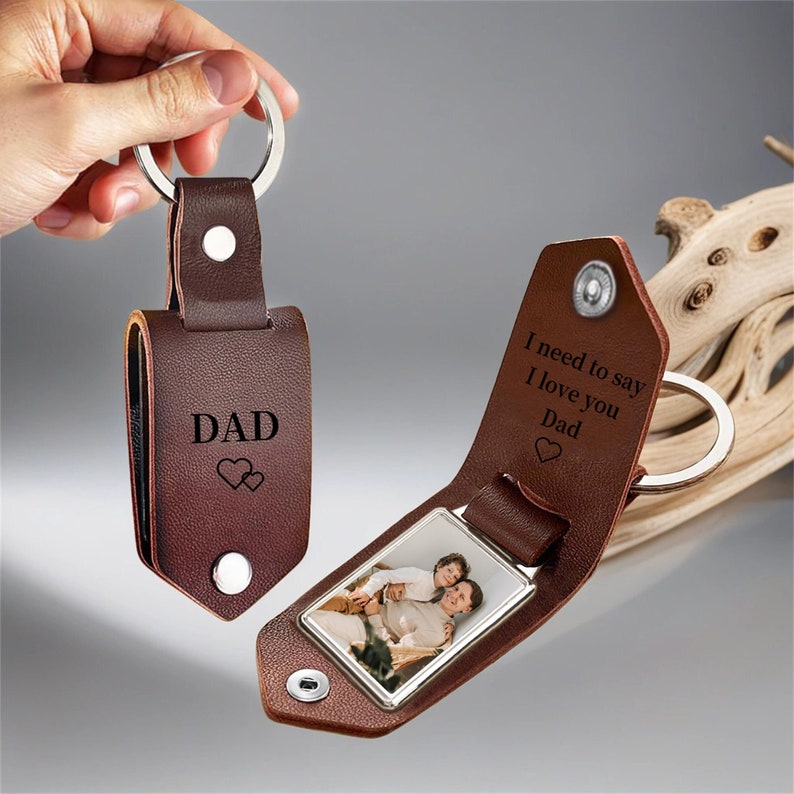 Personalized Mens Leather Keychain with Photo,Metal Tag Photo Keychain,Engraved key chain,Christmas Gifts for Dad,Anniversary Gifts for Him