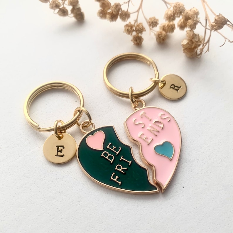 Best Friend Keyrings - Pair of Personalised Split Heart Halves for You and Them with Initial - Matching Friendship Keepsake Charm Keychain