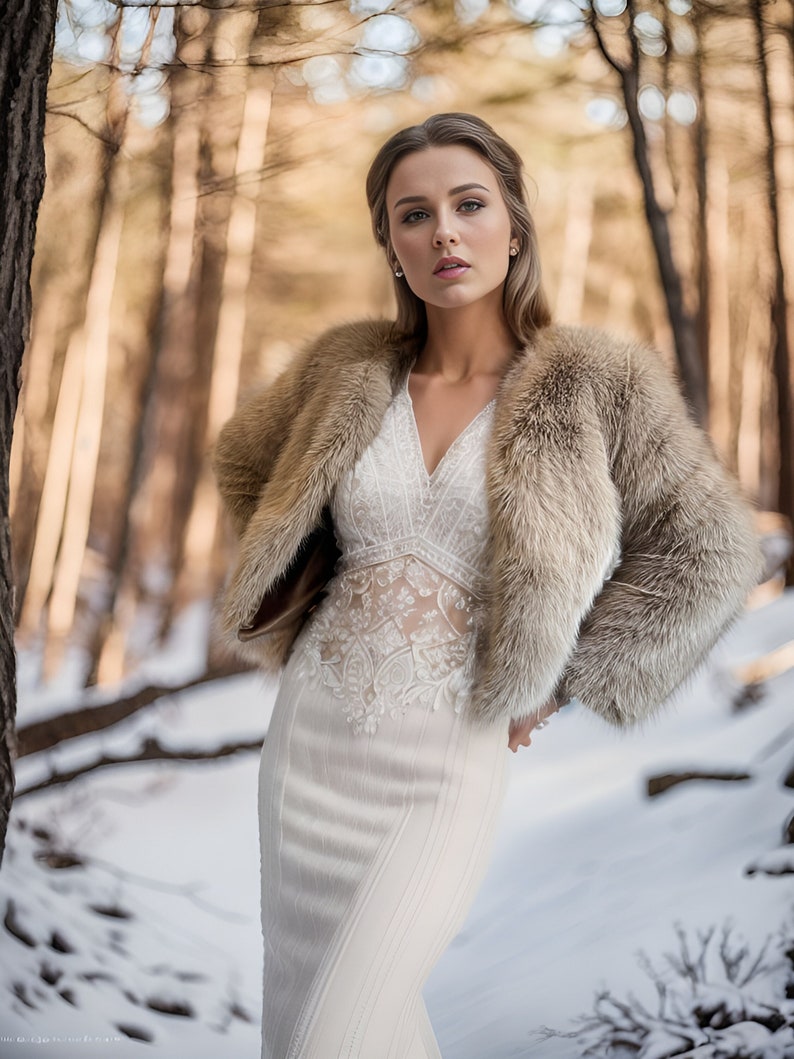 Brown Faux Fur Coat, Brown Fur Jacket, Bridal Fur Coat, Faux Fur Bolero, Winter Fur Coat, White Bridal Jacket, Wedding Jacket (Anna Brw07)