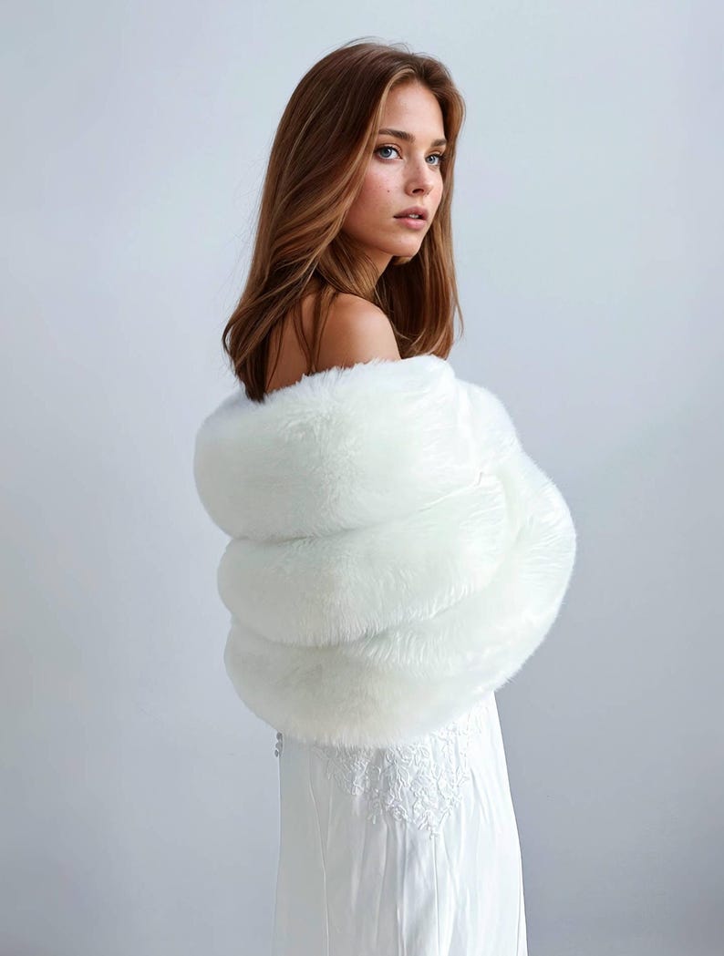 Ivory White Bridal Faux ur Shawl, Faux Fur Stole with Hooks & Eyes, Faux Fur Wrap, Winter Fur Stole, Super Warm Fur Wrap, (Diana Wht01)