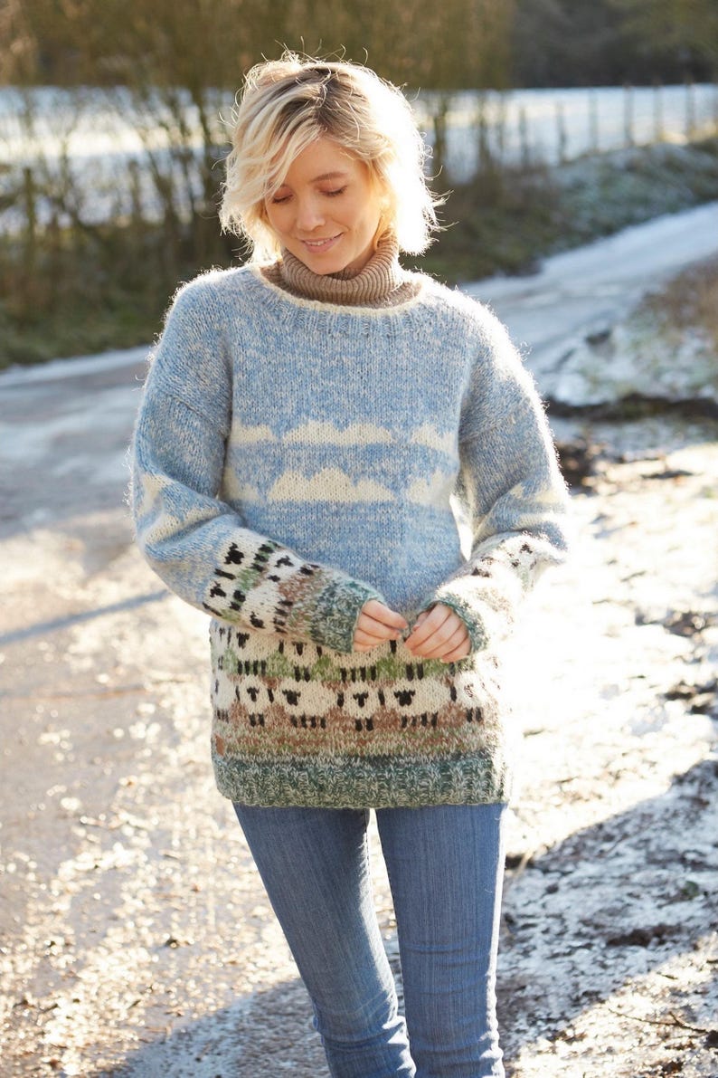 Women's Cosy Sheep Jumper - Knitted Sheep Sweater - 100% Wool & Mohair - Ethical Clothing - Pastel Blue - Oversized Cozy Sweater - Pachamama