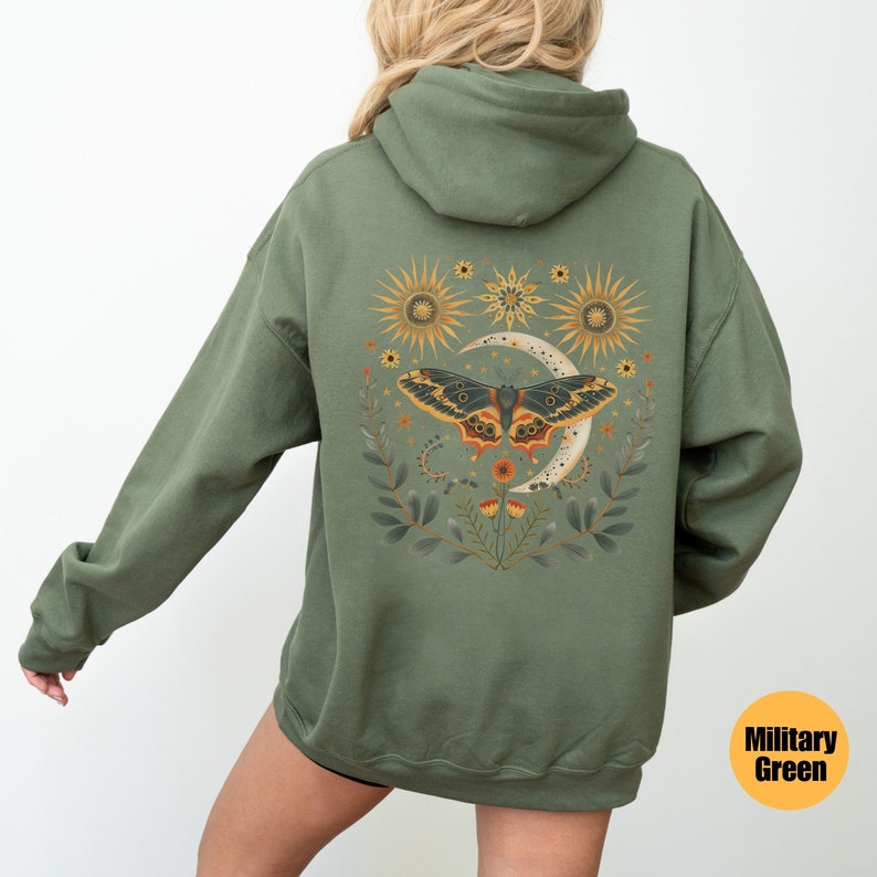 Luna Moth Hoodie | Luna Moth Clothing | Moon Phases | Mystic Moon and Moth Hoody | Celestial Hoodie | Moth Goblincore Hoodie