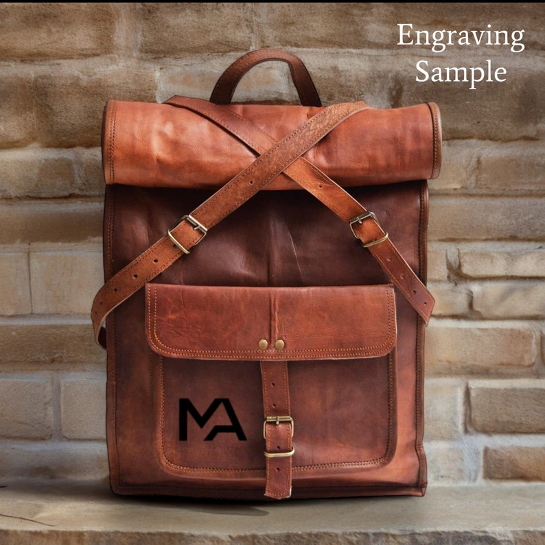 Personalized Leather Backpack Vintage Rucksack Roll Top Bag Weekender Backpack Laptop Bag Expandable Backpack Travel Bag Engraved Gifts