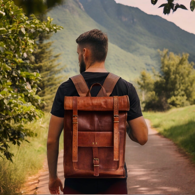 Personalized Leather Backpack Vintage Rucksack Roll Top Bag Weekender Backpack Laptop Bag Expandable Backpack Travel Bag Engraved Gifts