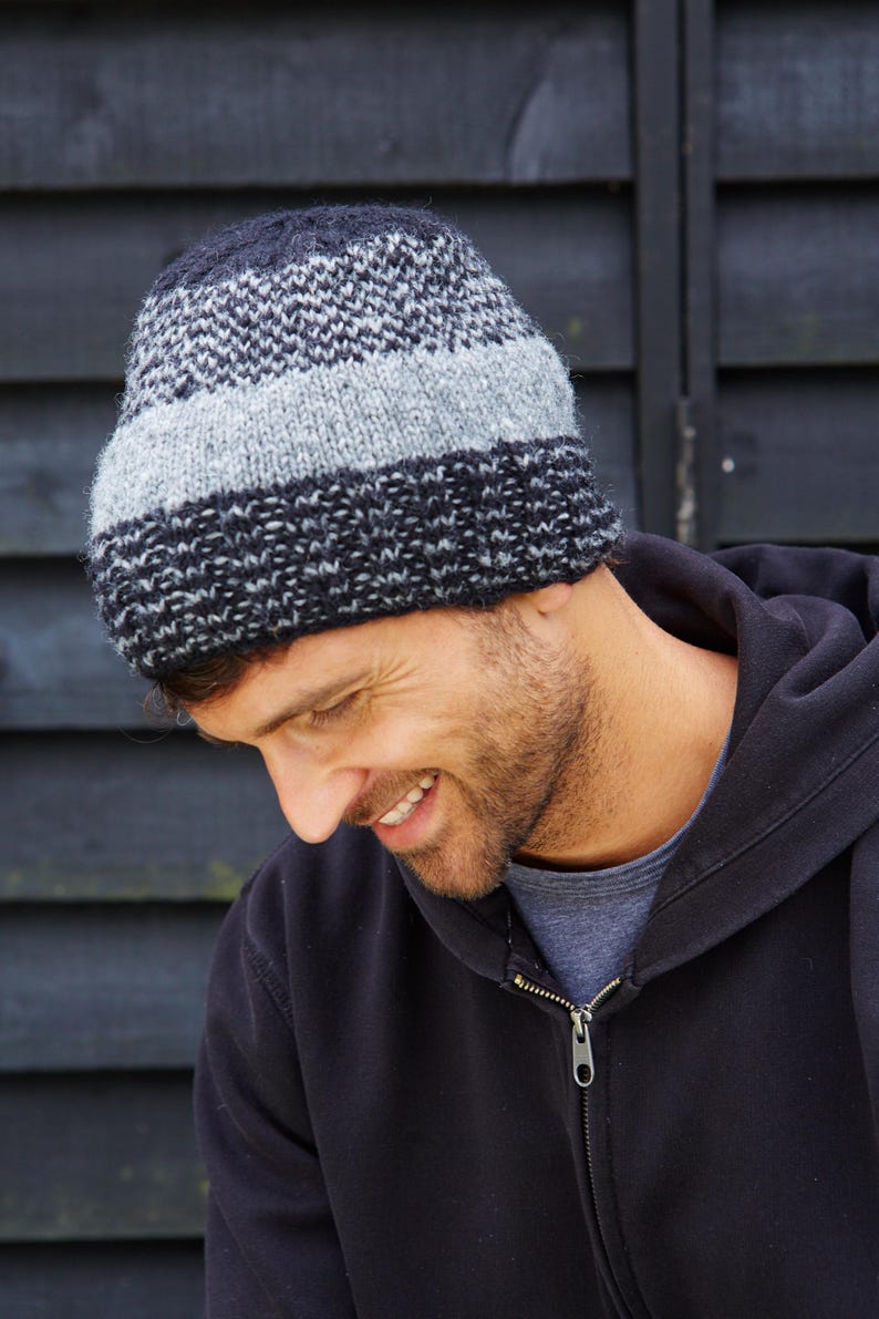 Men's Hand Knitted Beanie, 100% Wool, Subtle Stripe Rib Design, Warm Winter Hat, Fleece Lined, Fair Trade, Moss, Grey, Blue, Natural