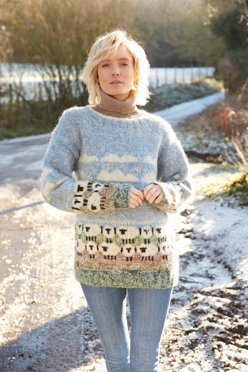 Women's Cosy Sheep Jumper - Knitted Sheep Sweater - 100% Wool & Mohair - Ethical Clothing - Pastel Blue - Oversized Cozy Sweater - Pachamama