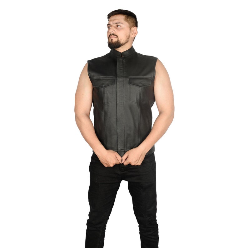 Customized Biker Black Leather Multi pockets Vest, Motorcycle Club Vest, Men Black Shiny leather vest Gift for Riders, Genuine Leather Vest