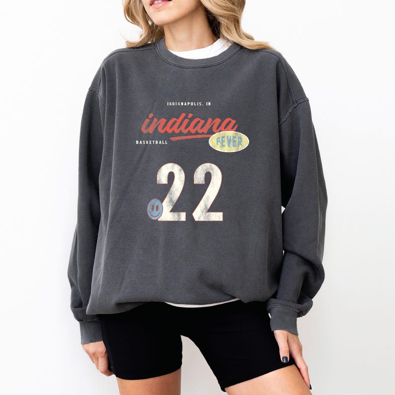 Indiana Fever Caitlin Clark Retro Crewneck Comfort Colors Sweatshirt in Pepper and Blue Jean, WNBA Fan Gear, Garment-Dyed