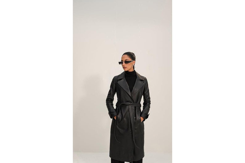 Women's Black Leather Coat | Trench Design Long Length Black Coat | Handmade Genuine Real Winter Coat | Blazer Style Coat | Gift For Her