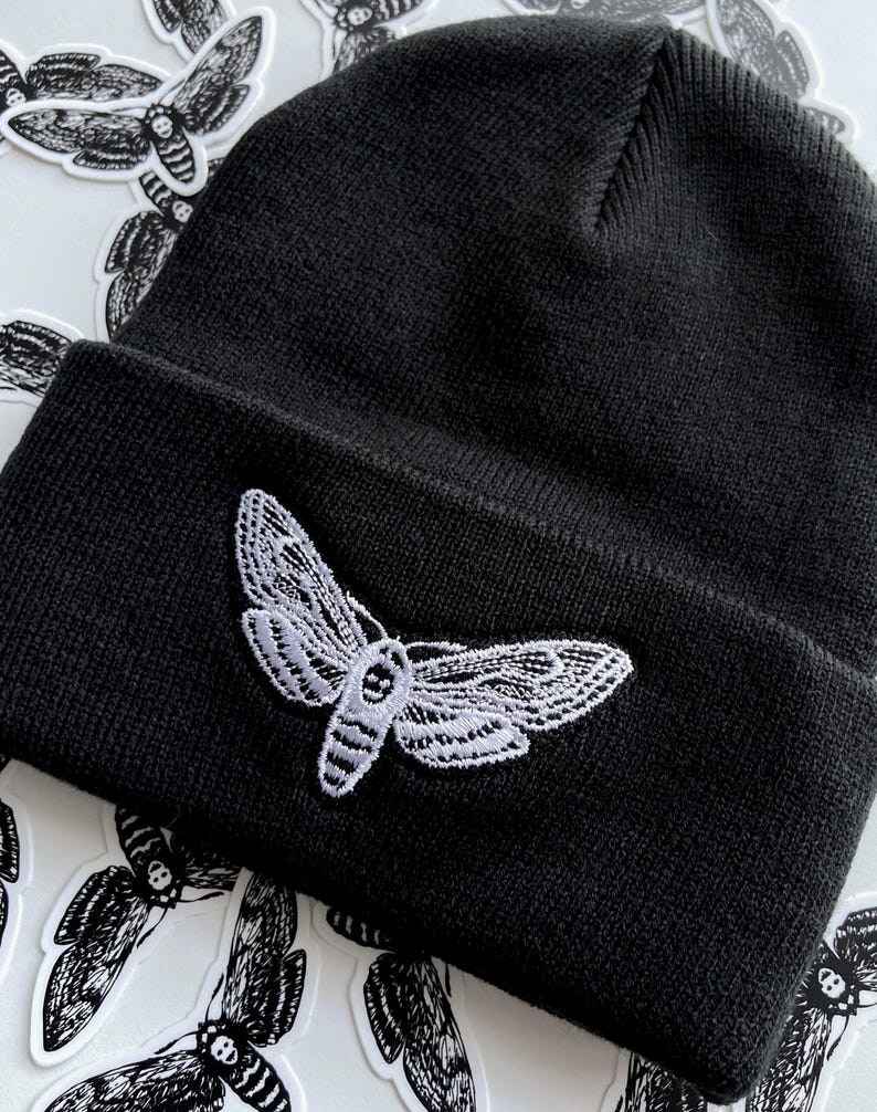 MOTH BEANIE - Embroidered Black Beanie, Spooky Halloween Hat, Death Head's Hawkmoth Bug Hat, Goth Stocking Stuffer, Spooky Horror Gift