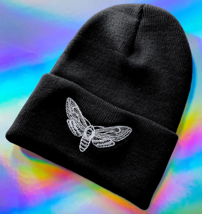 MOTH BEANIE - Embroidered Black Beanie, Spooky Halloween Hat, Death Head's Hawkmoth Bug Hat, Goth Stocking Stuffer, Spooky Horror Gift