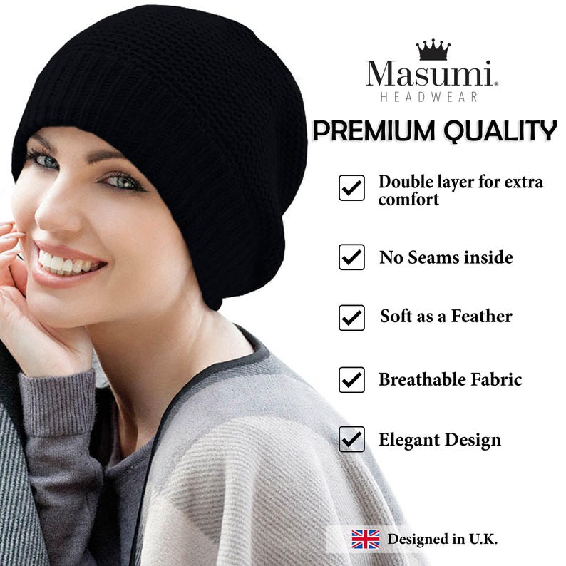 Masumi Ari Winter Beanies and Hats, Chemo Knitted Hat for Women, Knit Warm Beanie Wool Fleece Cap for Cancer, Turban headwear for Hair Loss