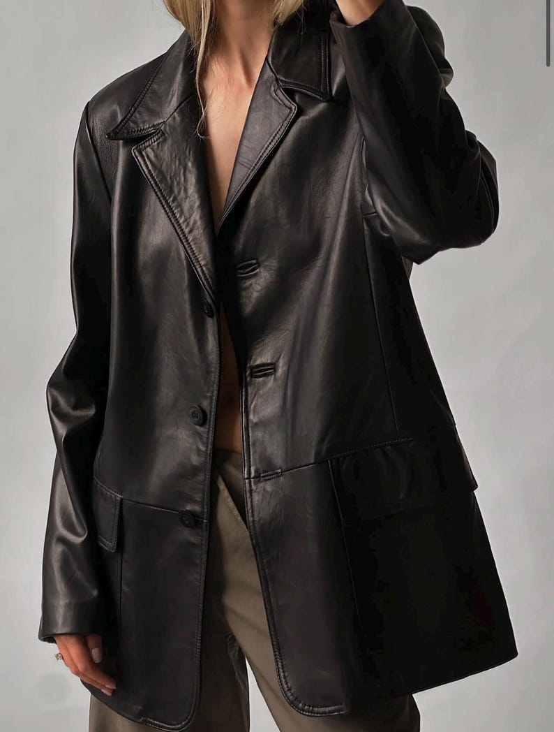 women black leather blazer coat, Straight Cut with Button closure, ladies luxurious Real leather Coat, perfect Go to look, gift for women