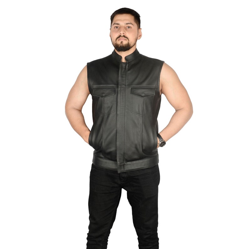 Customized Biker Black Leather Multi pockets Vest, Motorcycle Club Vest, Men Black Shiny leather vest Gift for Riders, Genuine Leather Vest