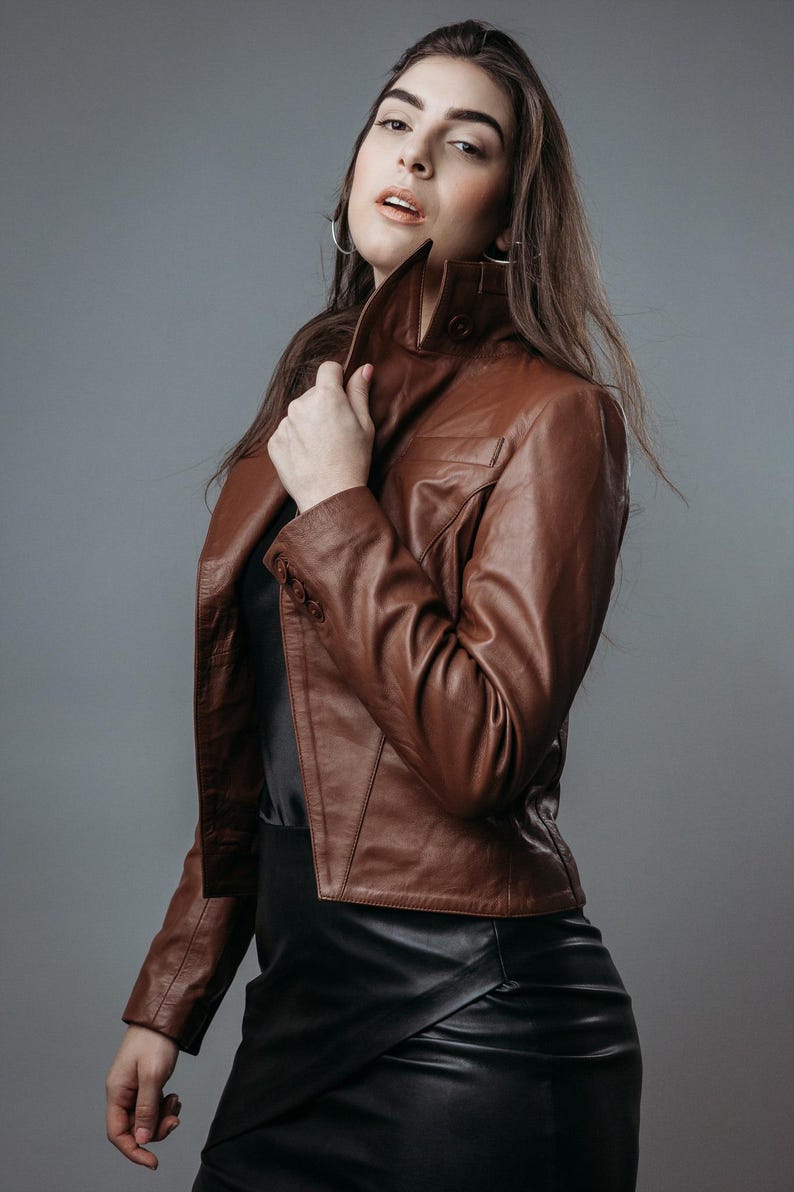 AGEAR | Women’s Brown Real Sheep Top Grain Leather Short Jacket | Premium Quality - Handcrafted - Christmas Gift For Her - Stylish Outerwear