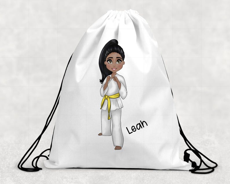 Personalised Girls Martial Arts Bag, Taekwondo Judo Karate, White Drawstring Bag, Custom Karate Character Gift, Girls Bag And Bottle Set