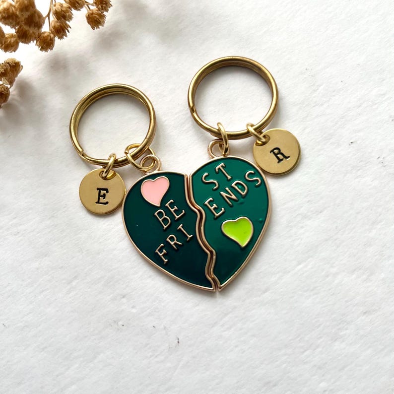 Best Friend Keyrings - Pair of Personalised Split Heart Halves for You and Them with Initial - Matching Friendship Keepsake Charm Keychain