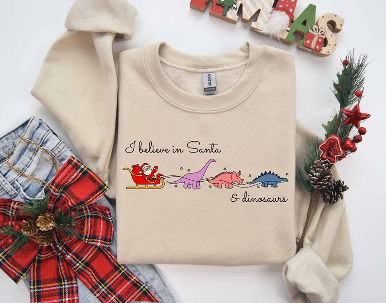 I Believe in Santa and Dinosaurs, Christmas Santa Sweatshirt, Santa Sweater, Cute Dinosaur Sweatshirt, Funny Xmas Sweatshirt, Xmas Gifts