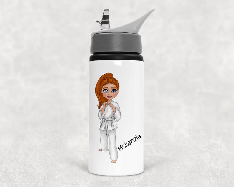 Personalised Girls Martial Arts Bag, Taekwondo Judo Karate, White Drawstring Bag, Custom Karate Character Gift, Girls Bag And Bottle Set