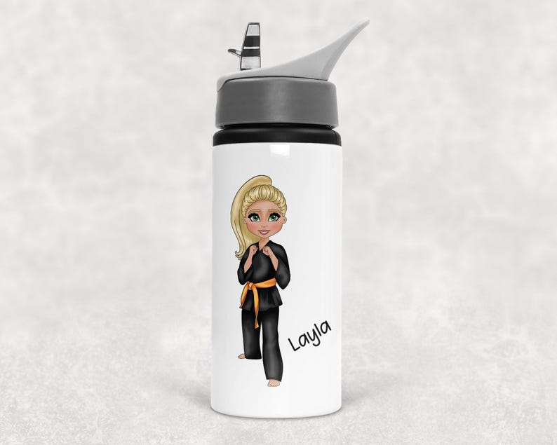 Personalised Girls Martial Arts Bag, Taekwondo Judo Karate, White Drawstring Bag, Custom Karate Character Gift, Girls Bag And Bottle Set