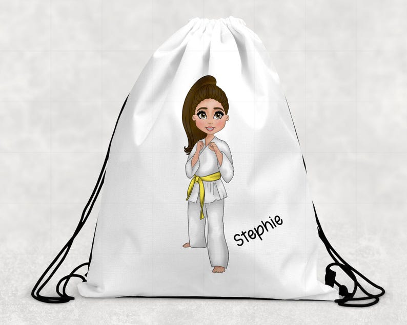 Personalised Girls Martial Arts Bag, Taekwondo Judo Karate, White Drawstring Bag, Custom Karate Character Gift, Girls Bag And Bottle Set