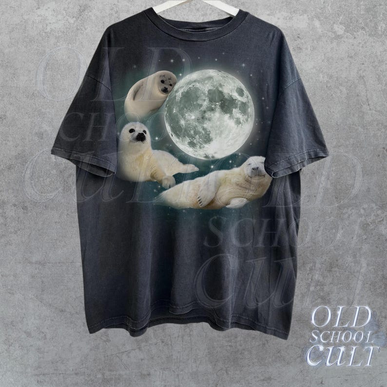 Three Baby Seal Vintage Graphic T-shirts, Retro Sea Dog Moon Tshirt, Seal Lovers, Cute Sea Dog Tee, Relaxed Washed Adult Tee, Fun Gifts