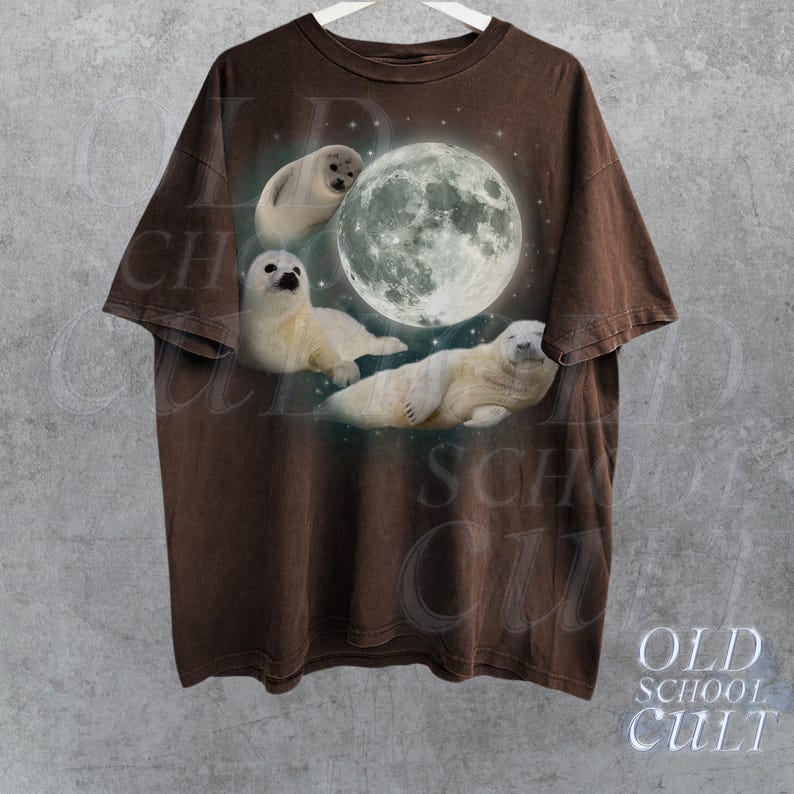 Three Baby Seal Vintage Graphic T-shirts, Retro Sea Dog Moon Tshirt, Seal Lovers, Cute Sea Dog Tee, Relaxed Washed Adult Tee, Fun Gifts