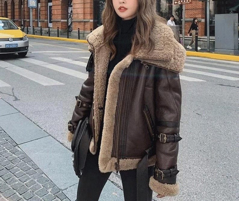 Women's Real Lambskin Leather Aviator Pilot RAF B3 Bomber Jacket | Double Collar Shearling Jacket | Women B3 Bomber shearling coat