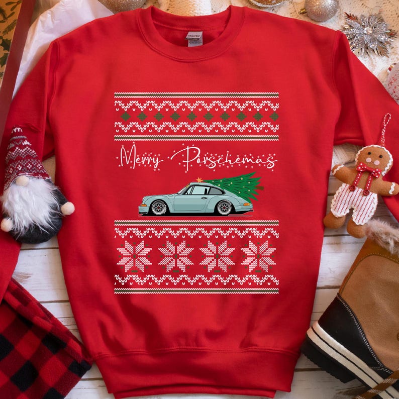 Ugly Christmas Sweater, Merry Porschemas Christmas Sweatshirt, Classic Sports Car, Christmas Gift, Car Guy Holiday Gift, Ugly Xmas Sweater