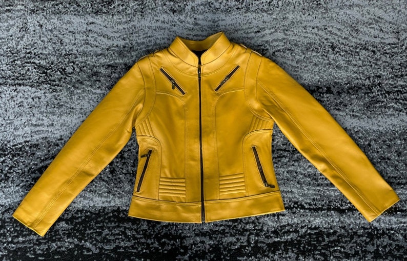 Women's Yellow Leather Moto Stylish Biker Jacket, Genuine Leather, Modern Fit, Perfect Fall Fashion, Bold Statement Piece, Gift for Her