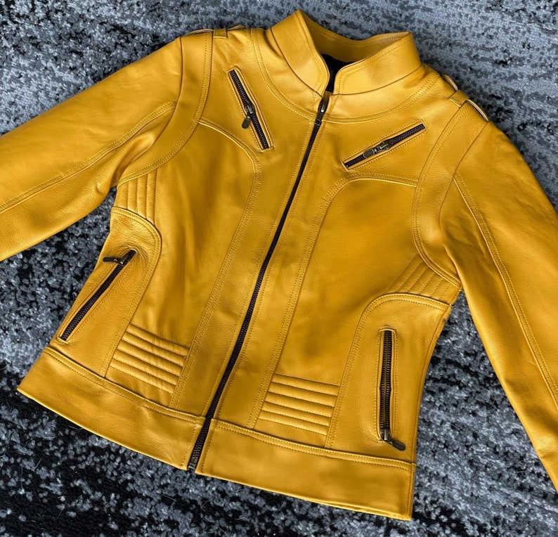 Women's Yellow Leather Moto Stylish Biker Jacket, Genuine Leather, Modern Fit, Perfect Fall Fashion, Bold Statement Piece, Gift for Her