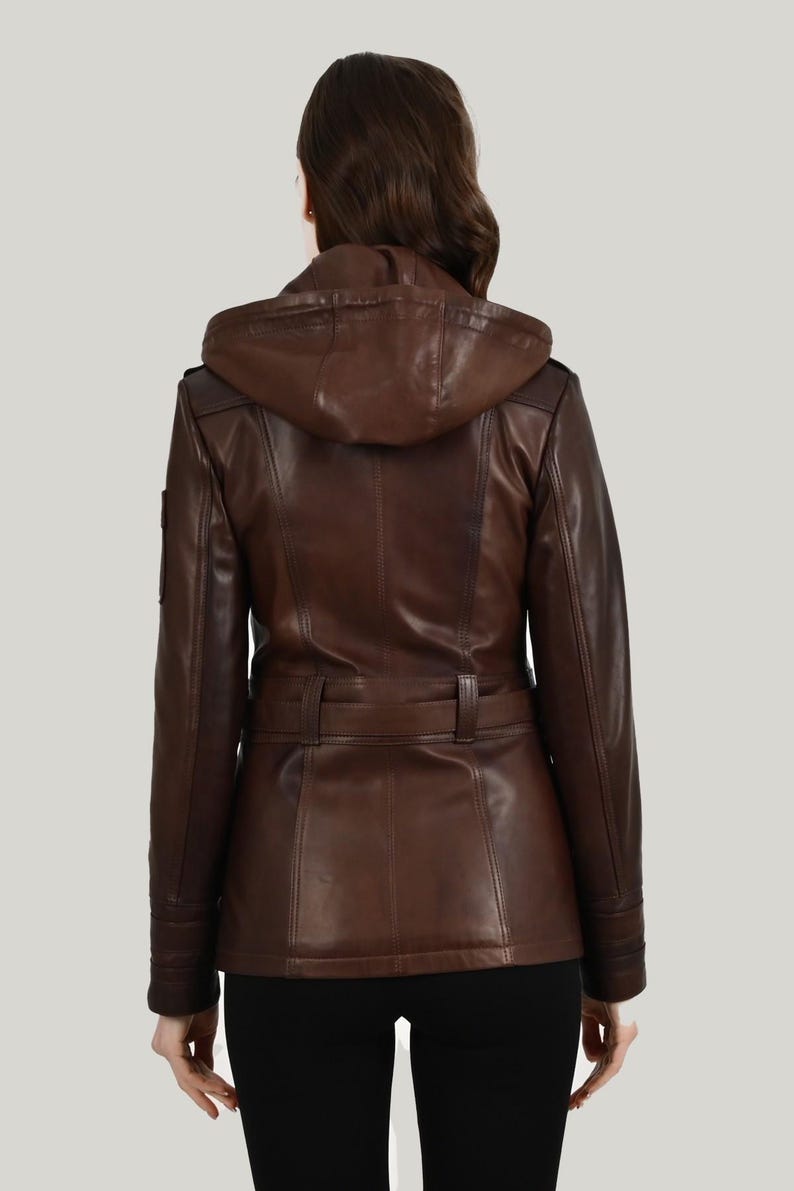 ALiN - Sansa Hooded Women's Wax Brown Leather Coat Gifts for Wife