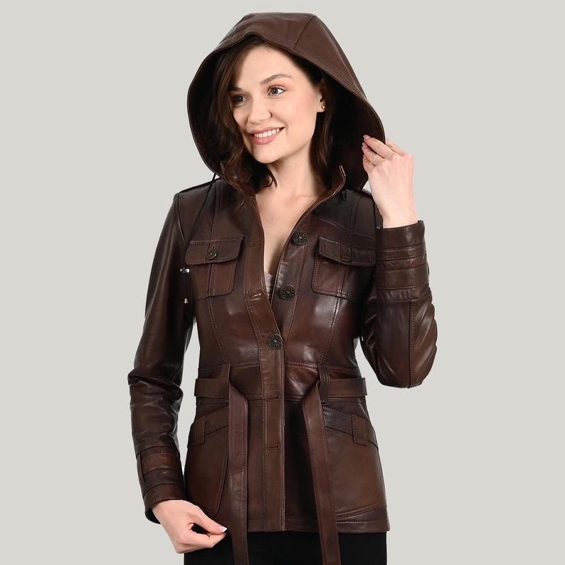 ALiN - Sansa Hooded Women's Wax Brown Leather Coat Gifts for Wife