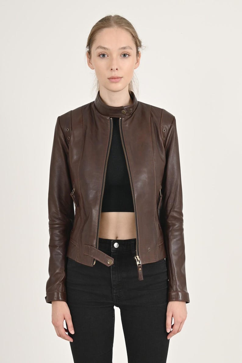 ALiN - Rio Fitted Women's Wax Brown Leather Jacket | Leather Anniversary Gifts for Her