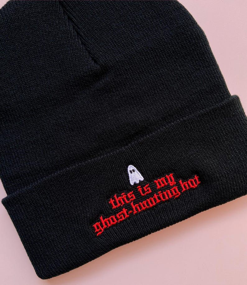 GHOST HUNTING HAT - Embroidered Ghost Beanie, Spooky Horror Beanie, Paranormal Gift, Embroidered Halloween Hat, Spooky Black Knit Cap