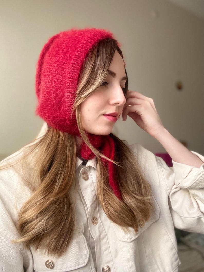 Hand-Knitted Adult Bow Tie Bonnet, Red Bonnet, Cozy and Soft Bonnet, Winter Warm Hat, HandKnit Balaclava, Christmas Gift