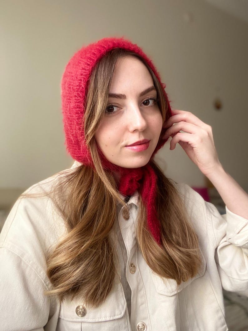 Hand-Knitted Adult Bow Tie Bonnet, Red Bonnet, Cozy and Soft Bonnet, Winter Warm Hat, HandKnit Balaclava, Christmas Gift