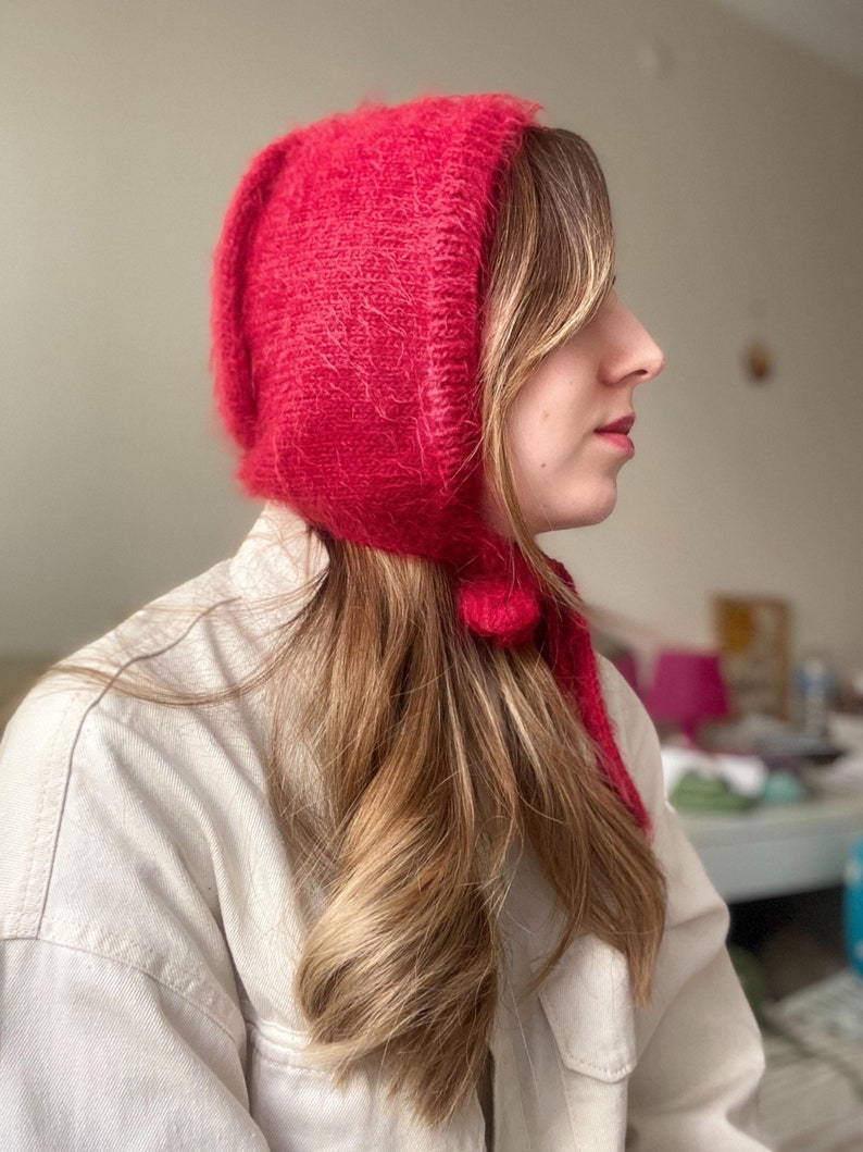 Hand-Knitted Adult Bow Tie Bonnet, Red Bonnet, Cozy and Soft Bonnet, Winter Warm Hat, HandKnit Balaclava, Christmas Gift