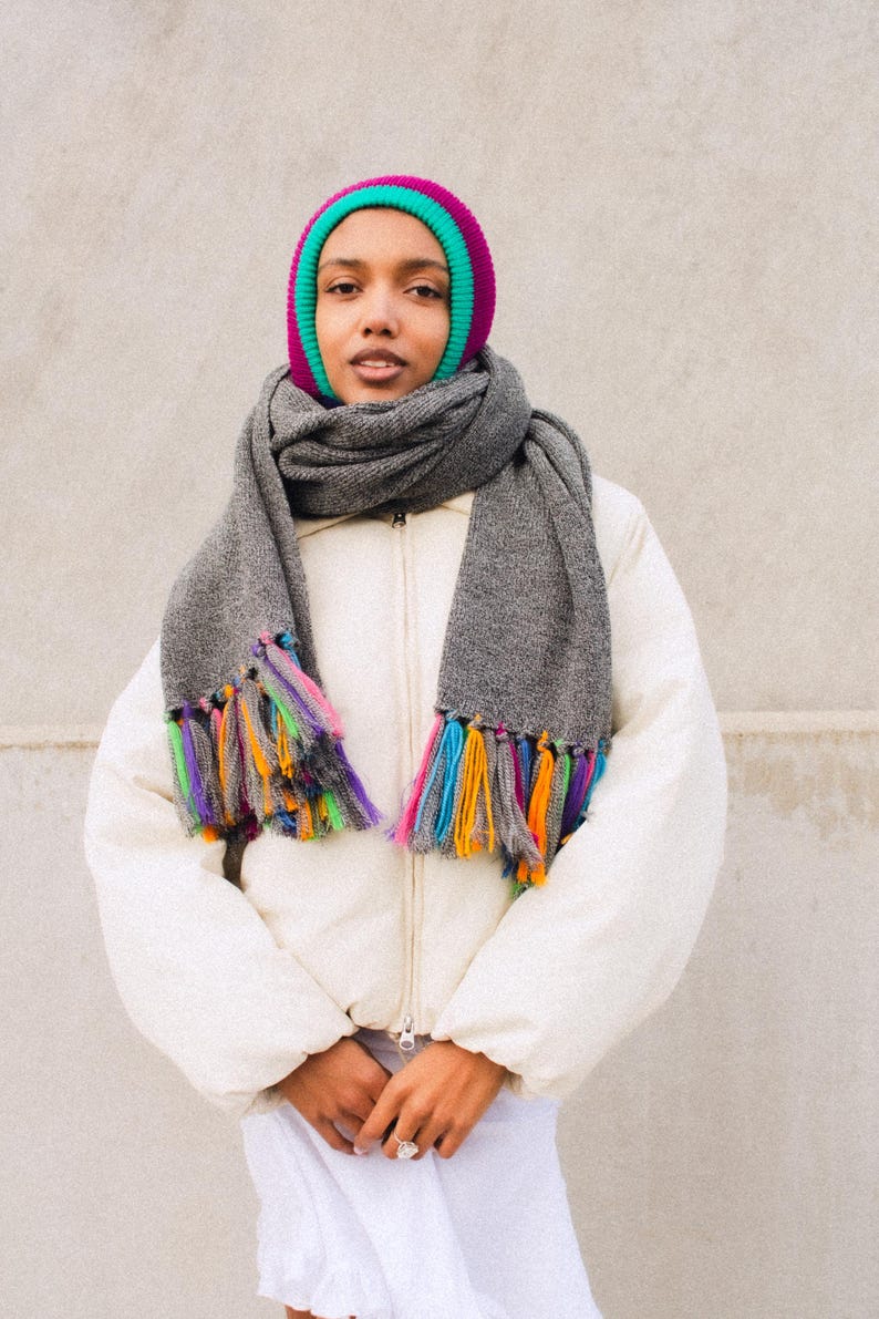 Merino wool oversized scarf in gray & multicolored tassels