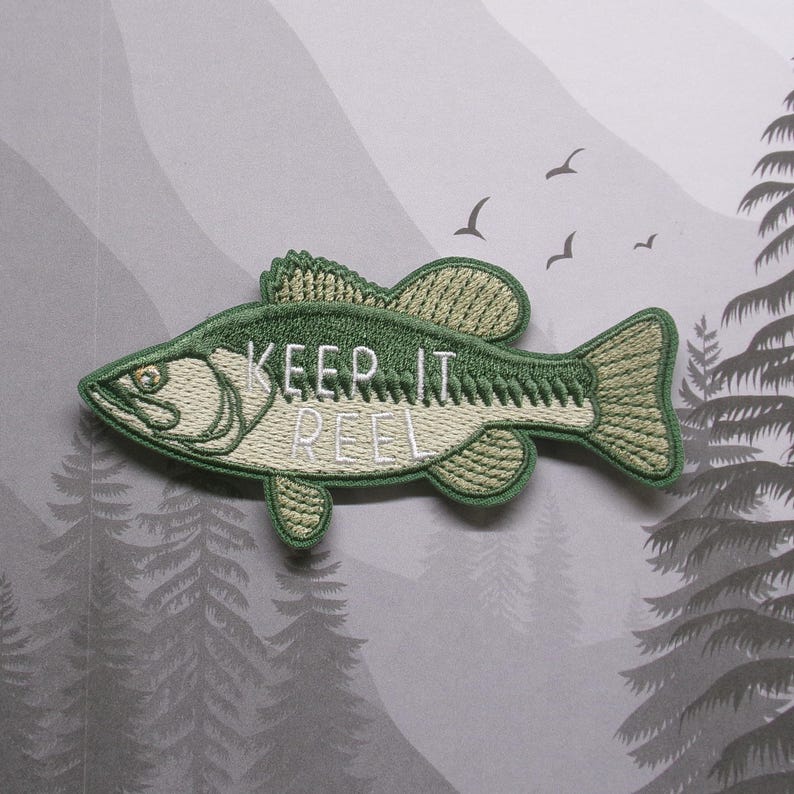 Keep It Reel Largemouth Bass Freshwater Fish Embroidered Patch DIY Iron-on Applique, Lake Life, Rivers, Pro Bass Fishing Sport Nature Trails