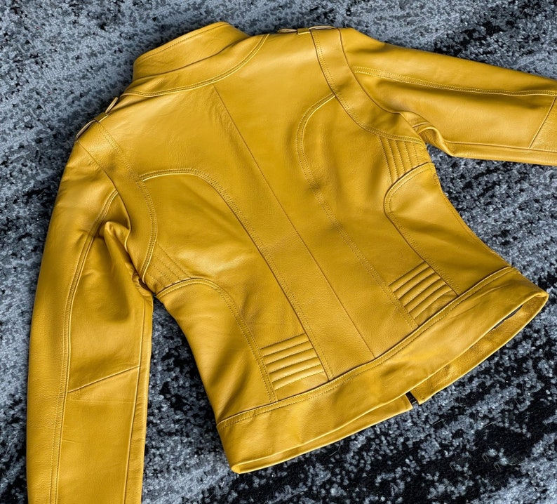 Women's Yellow Leather Moto Stylish Biker Jacket, Genuine Leather, Modern Fit, Perfect Fall Fashion, Bold Statement Piece, Gift for Her