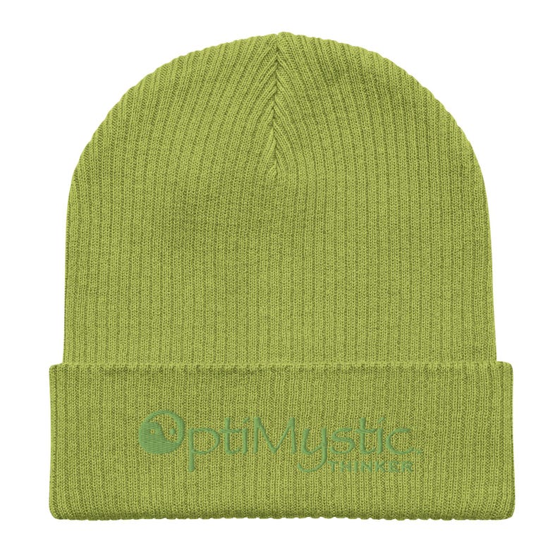 Organic cotton beanie cap covers your “OptiMystic Thinker” head with subtle style.