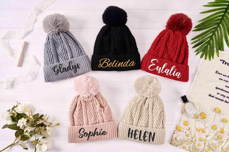 Personalized Embroidered Beanie,Woman Pom Hats,Knit Winter Hat,Adult Pom Pom Beanie,Hand Knitted Beanies,Winter Beanie Hat for Women