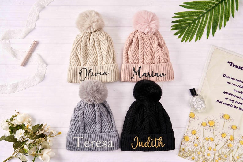 Personalized Embroidered Beanie,Woman Pom Hats,Knit Winter Hat,Adult Pom Pom Beanie,Hand Knitted Beanies,Winter Beanie Hat for Women