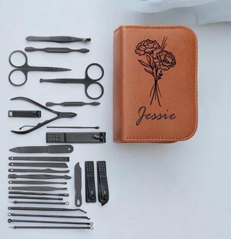 26 Piece Personalized Leatherette Travel Manicure Set - Stainless Steel - Nail grooming set