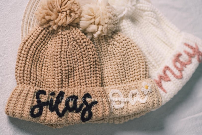 Personalized Knit Pom Pom Beanie for Kids: Cozy Embroidered Winter Hat – A Thoughtful Gift for Infants and Toddlers!