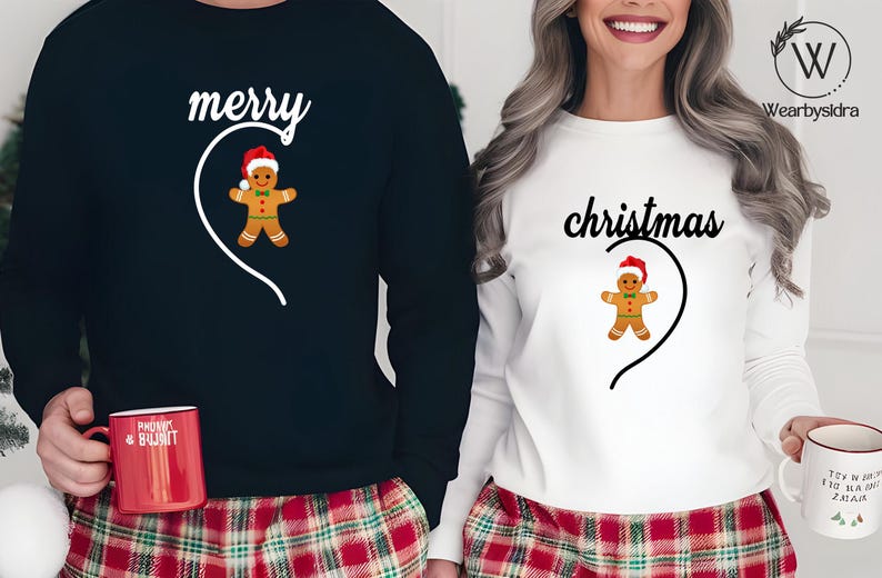 Couple Merry Christmas Sweater, His and Hers Matching Heart Christmas Sweatshirt, Cute Gingerbread Couple Printed Jumpers, Couples Xmas Gift